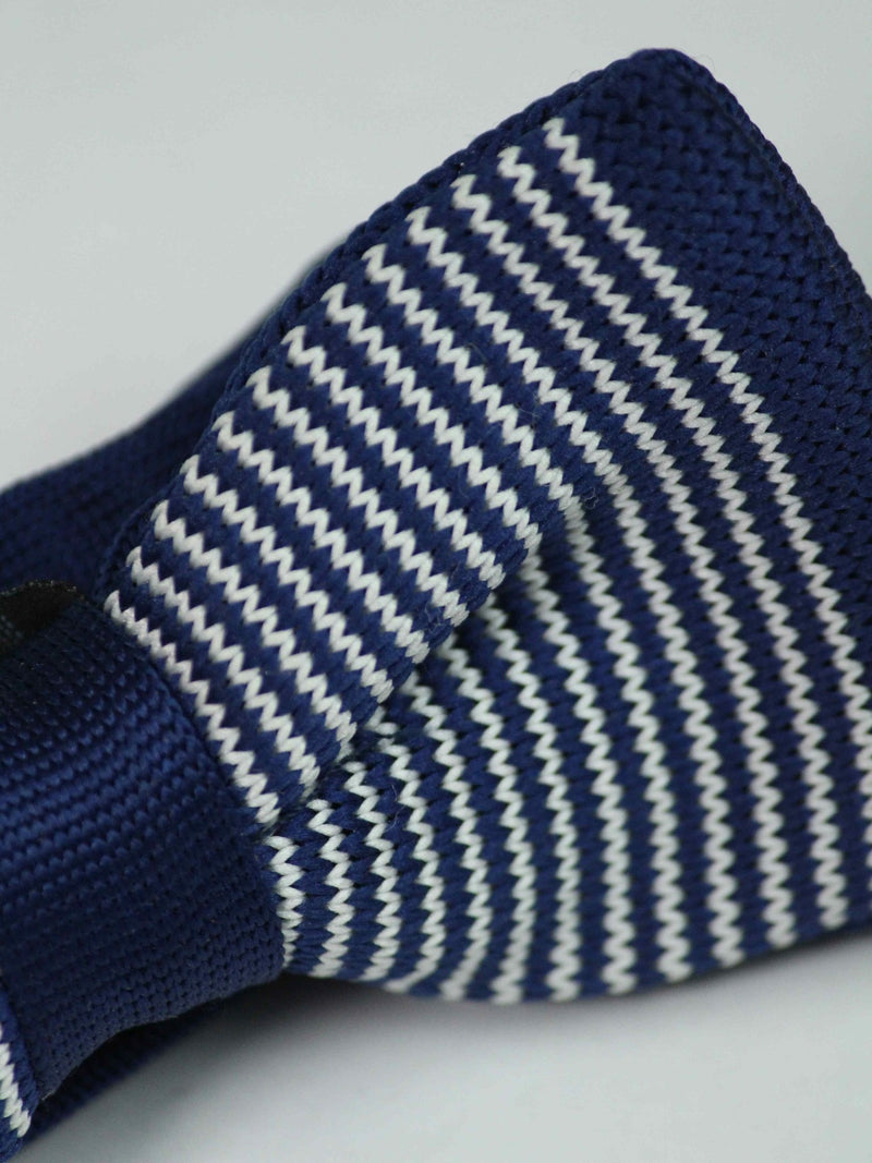 Dark Blue Base & Multiple White Striped Knitted Bow Tie - TOSSIDO
