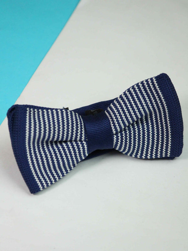 Dark Blue Base & Multiple White Striped Knitted Bow Tie - TOSSIDO