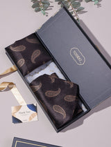 Dark Brown Tonal Paisley Woven Ascot & Pocket Square - TOSSIDO