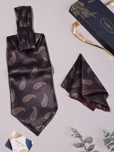 Dark Brown Tonal Paisley Woven Ascot & Pocket Square - TOSSIDO