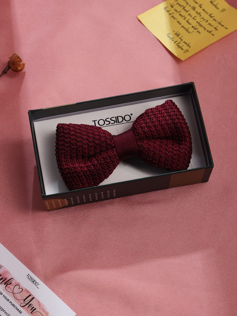 Dark Red Solid Knitted Bowtie - TOSSIDO