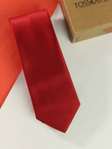 Dark Red solid necktie in woven microfiber, tied view