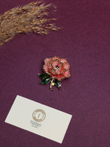 Coral Enamel Crystal Peony Brooch