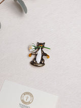 Cat with White Rose Brooch