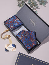 Brown & Blue Floral Woven Ascot & Pocket Square