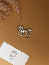 Gold Crystal Running Horse Brooch