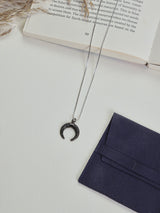 Silver Black Stone Crescent Horn Pendant Necklace - TOSSIDO