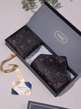 Dark Brown & Orange Floral Woven Ascot & Pocket Square