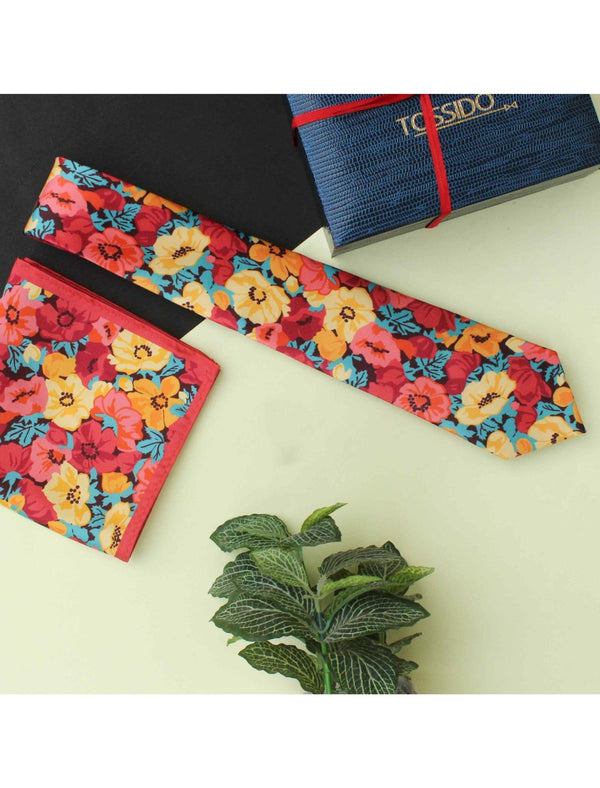 Floral Printed Necktie & Pocket Square Giftset - TOSSIDO