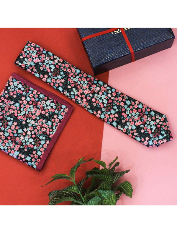 Floral Printed Necktie & Pocket Square Set - TOSSIDO