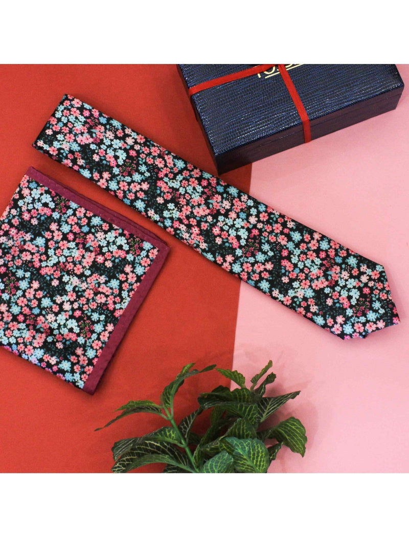 Floral Printed Necktie & Pocket Square Set - TOSSIDO