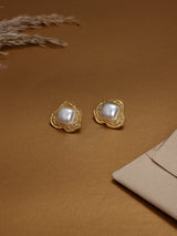 Gold Framed Pearl Stud Earrings - TOSSIDO