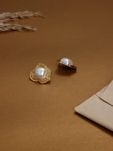 Gold Framed Pearl Stud Earrings - TOSSIDO