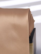Gold satin twill necktie in woven microfiber, tied view