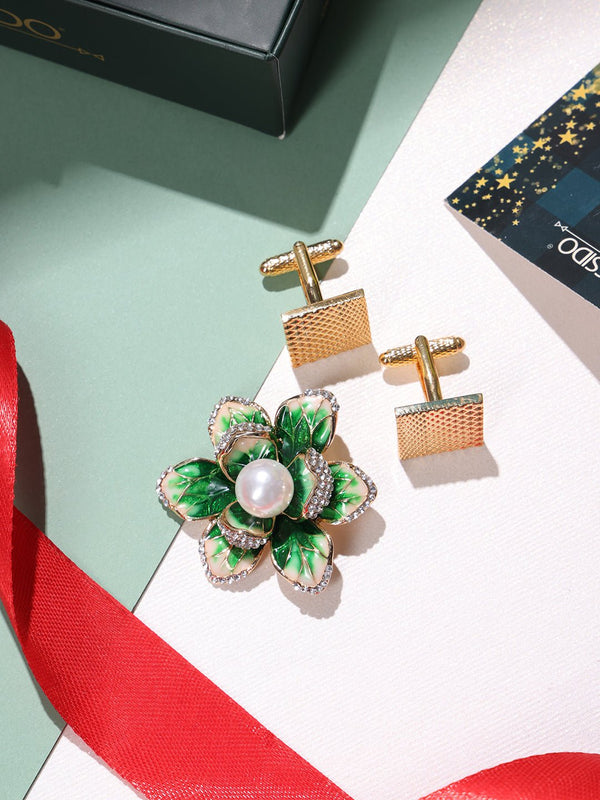 Green Brooch and Golden Cufflink Gift Set - TOSSIDO