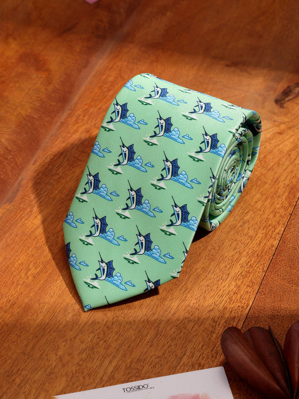 Green Fish Printed Necktie - TOSSIDO