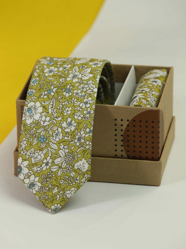 Green Floral Necktie & Pocket Square Giftset - TOSSIDO