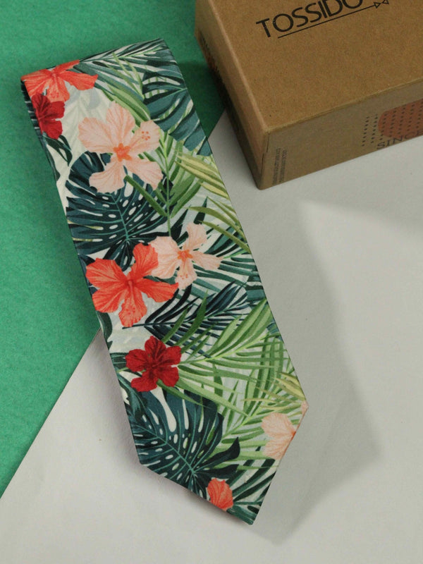 Green Floral Printed Necktie - TOSSIDO