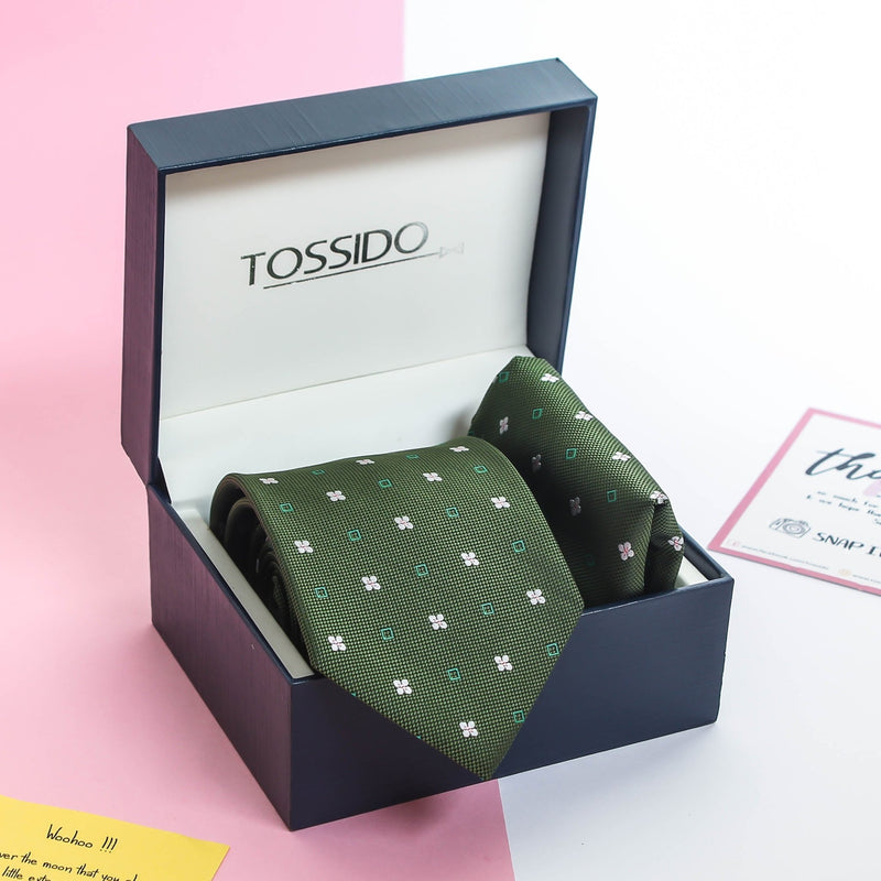 Green Geometric Necktie & Pocket Square Giftset - TOSSIDO