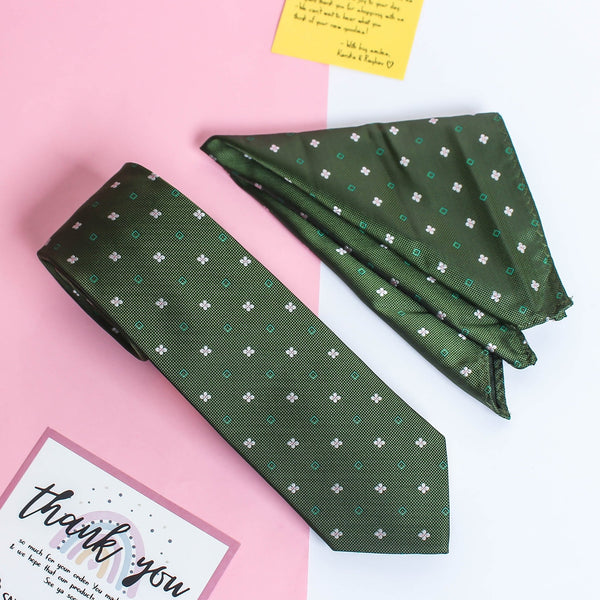 Green Geometric Necktie & Pocket Square Giftset - TOSSIDO