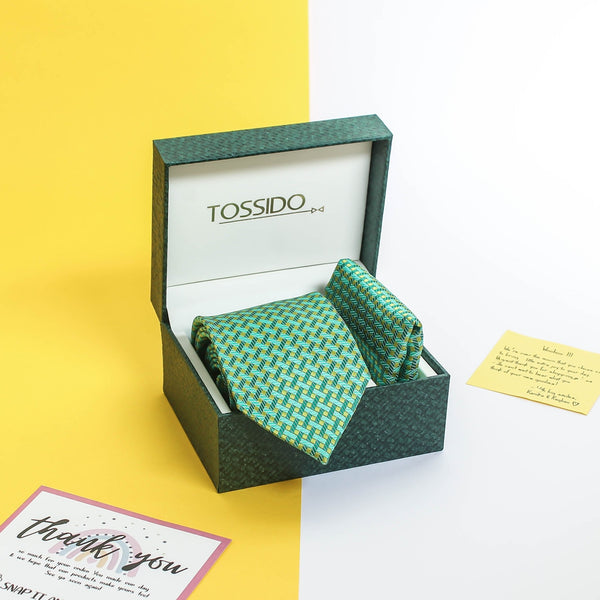 Green Geometric Necktie & Pocket Square Giftset - TOSSIDO