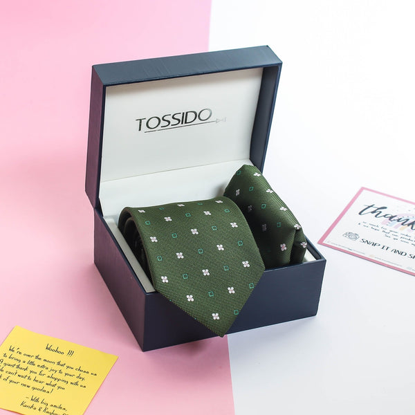 Green Geometric Necktie & Pocket Square Giftset - TOSSIDO