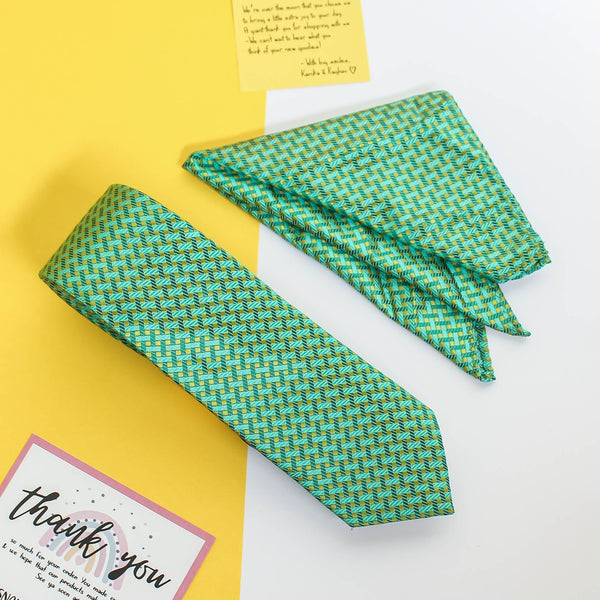 Green Geometric Necktie & Pocket Square Giftset - TOSSIDO