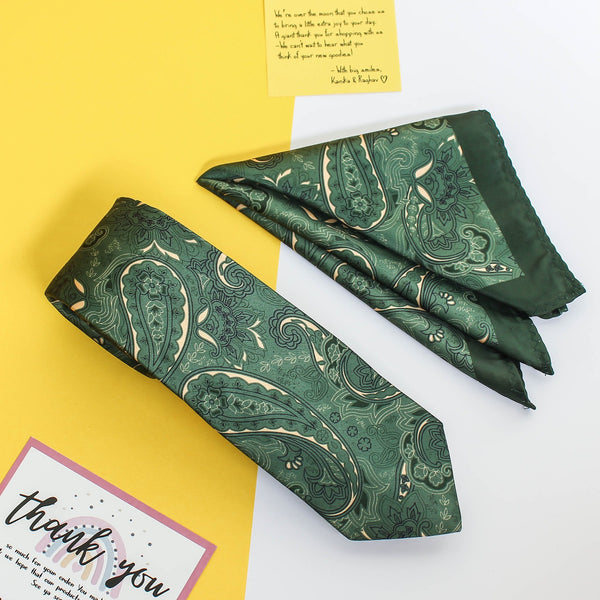 Green Paisley Printed Necktie & Pocket Square Giftset - TOSSIDO