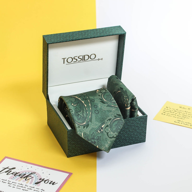 Green Paisley Printed Necktie & Pocket Square Giftset - TOSSIDO