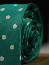 Green polka necktie in woven microfiber, tied view