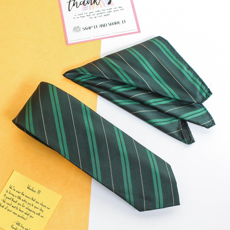 Green Stripe Necktie & Pocket Square Giftset - TOSSIDO