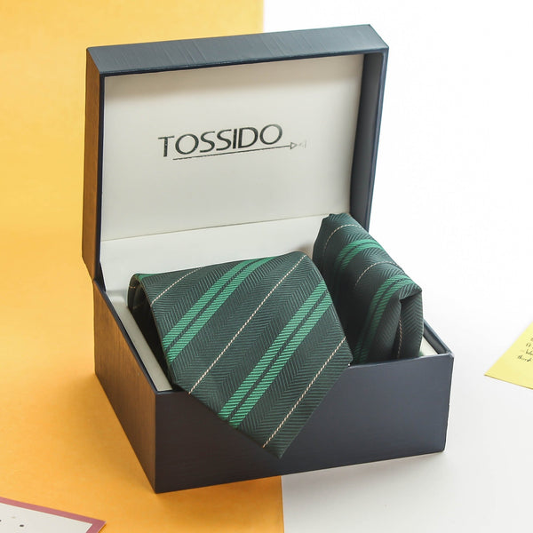 Green Stripe Necktie & Pocket Square Giftset - TOSSIDO