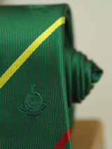 Green stripe necktie in woven microfiber, tied view