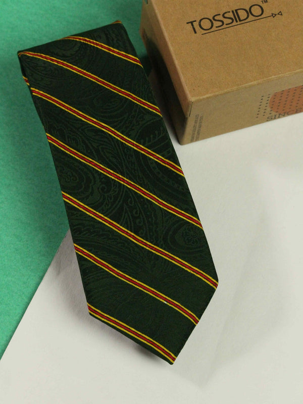 Green Stripe Printed Silk Necktie - TOSSIDO