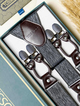 Grey Abstract Elastic Suspender with Brown Leather Trims - TOSSIDO