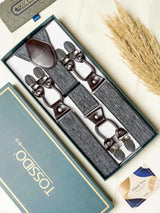 Grey Abstract Elastic Suspender with Brown Leather Trims - TOSSIDO
