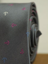 Grey anchor necktie in woven microfiber, tied view