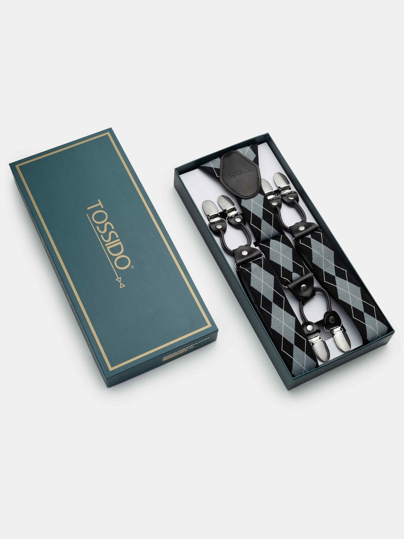 Grey & Black Checkered Suspender with Vegan Leather Patch - TOSSIDO