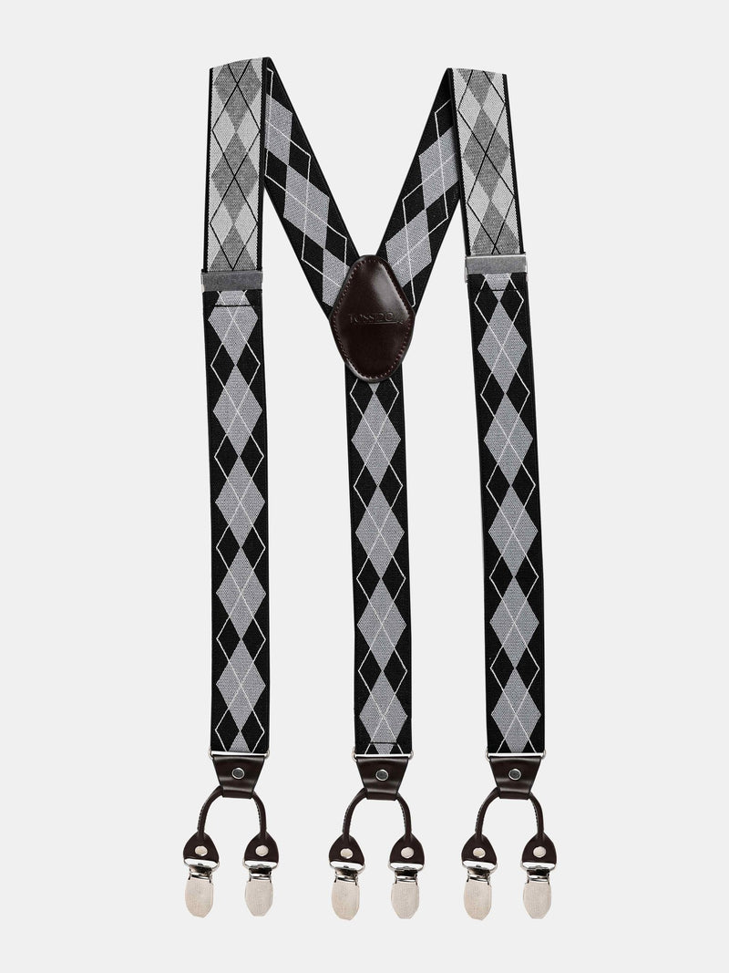 Grey & Black Checkered Suspender with Vegan Leather Patch - TOSSIDO