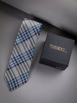 Grey & Blue Check Woven Long Necktie - TOSSIDO