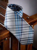 Grey & Blue Check Woven Long Necktie - TOSSIDO