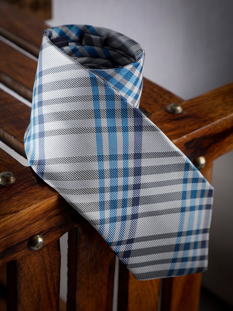 Grey & Blue Check Woven Long Necktie - TOSSIDO