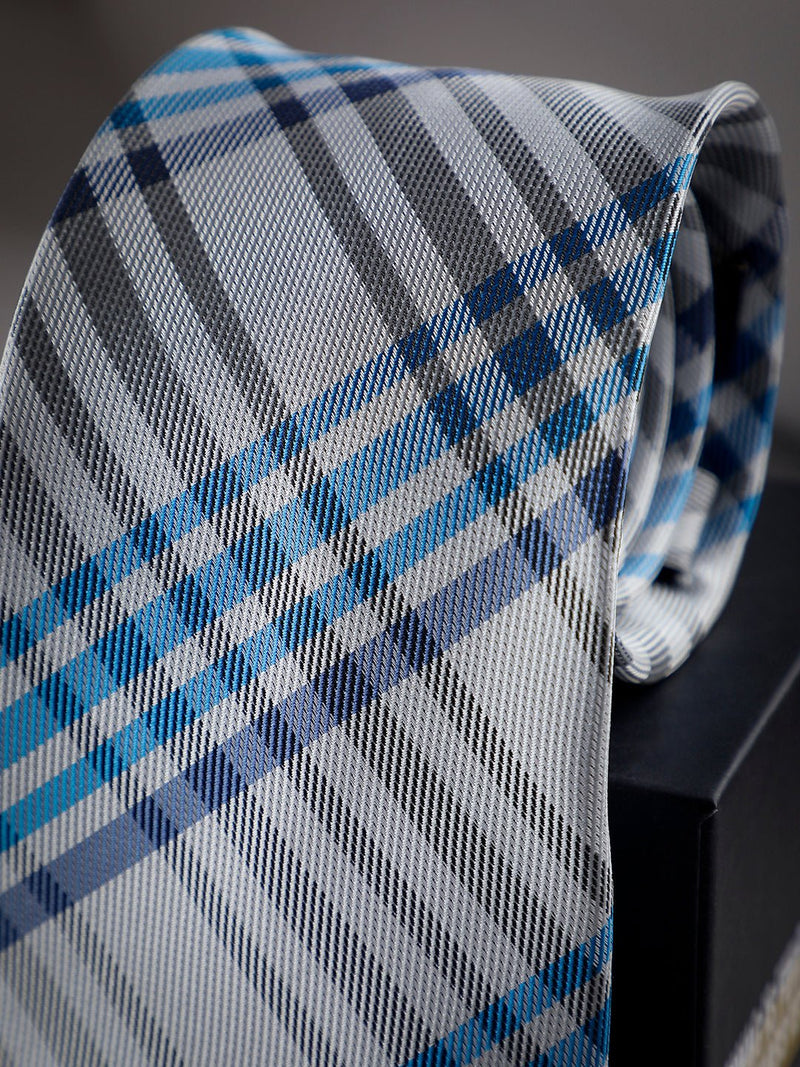 Grey & Blue Check Woven Long Necktie - TOSSIDO