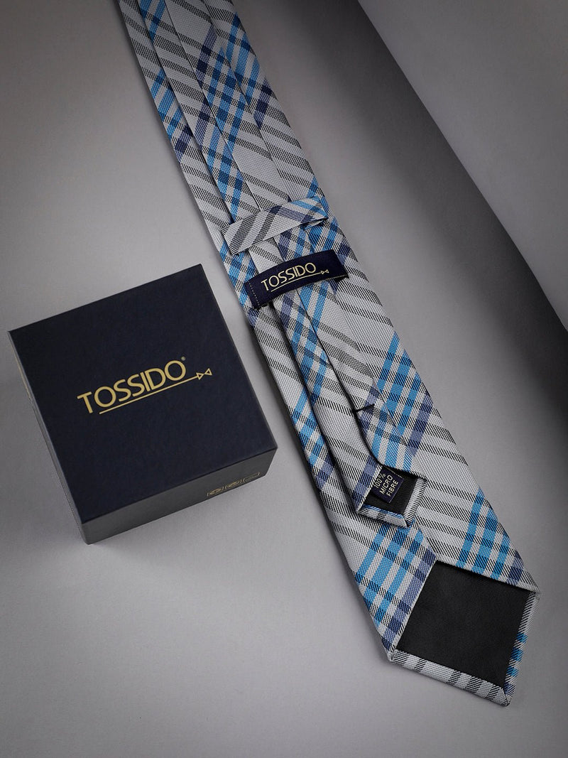 Grey & Blue Check Woven Long Necktie - TOSSIDO