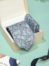 Grey & Blue Floral Necktie & Pocket Square Giftset - TOSSIDO