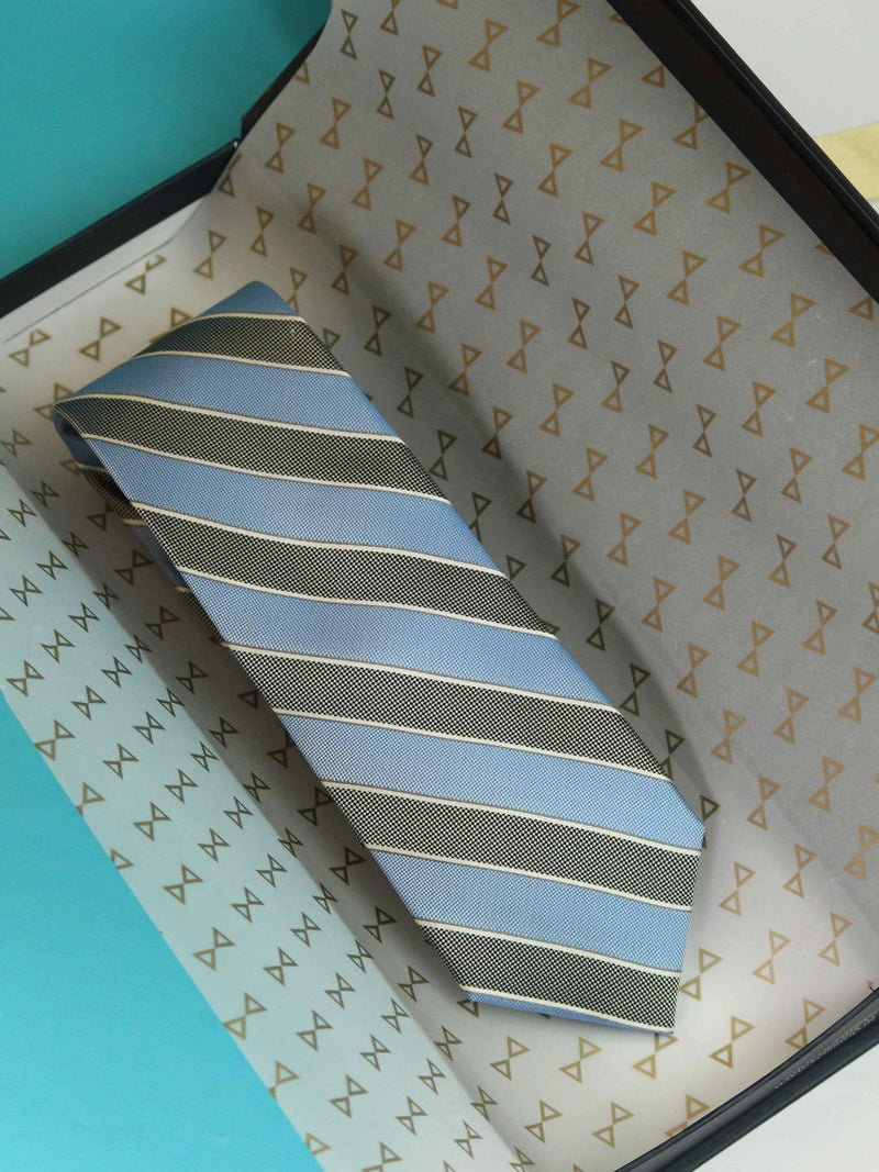 Grey & Blue Stripe Woven Silk Necktie - TOSSIDO