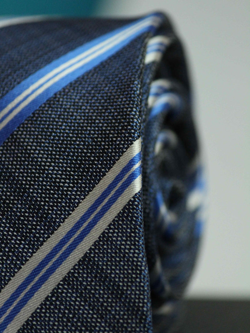Grey & Blue Stripe Woven Silk Necktie - TOSSIDO