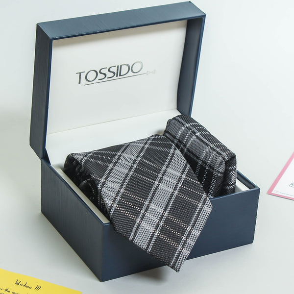 Grey Check Necktie & Pocket Square Giftset - TOSSIDO