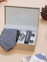 Grey Floral Necktie Pocket Square Brooch & Cufflinks Giftset