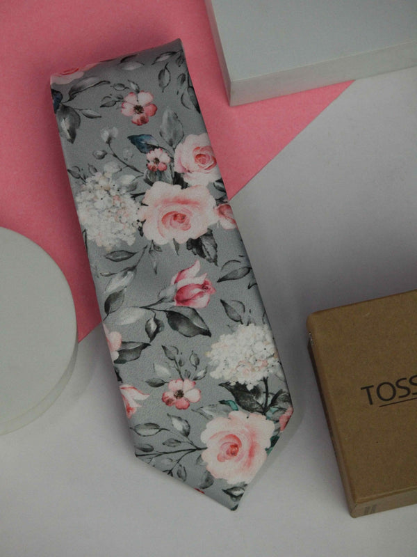 Grey Floral Printed Necktie - TOSSIDO